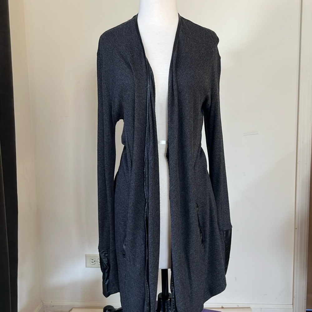 BORDEAUX by Anthropologie Women’s Dark Grey Long Cardigan Faux Leather Size M